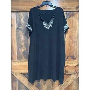 Talbots Black Cotton Embroidered Shift Dress Petite 2XP Short Sleeve Pockets‎